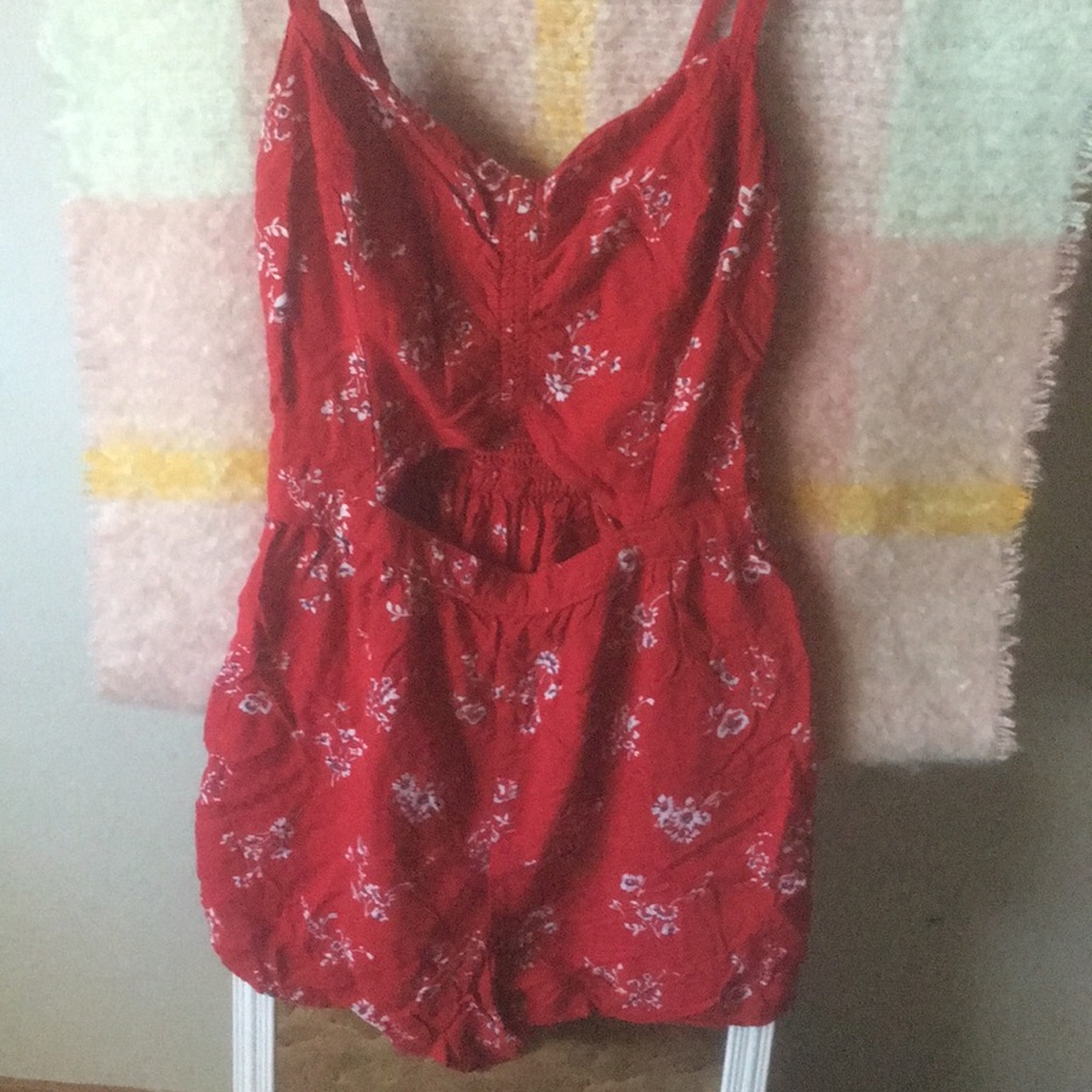 Red flower print romper